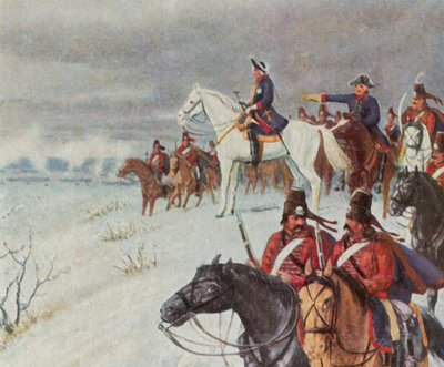 Frederik den Store på Borner Hill i slaget ved Leuthen, 5. december 1757 (forstærket farvelitografi) af Max Weese