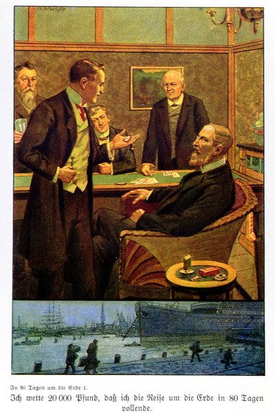 Phileas Fogg tager væddemålet i Reform Club om, at han kan rejse jorden rundt på 80 dage, illustration fra en udgave udgivet i Berlin af Max Wulff