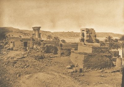 Ruinerne og landsbyen Begueh, en lille ø vest for Philae, 11. april 1850. af Maxime Du Camp