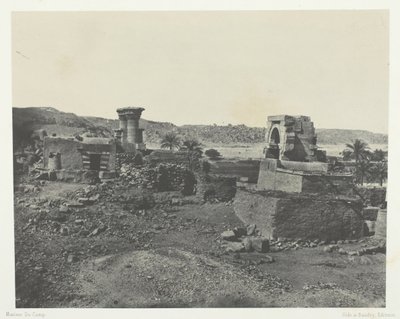Landsby og tempel på øen Béghé, vest for Philoe, Nubia, 184951, trykt 1852. af Maxime Du Camp