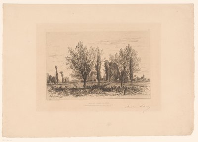 Landskab med eng og udsigt over en by Dans les champs de Cenon. (titel på objekt) af Maxime François Antoine Lalanne (signed by artist)