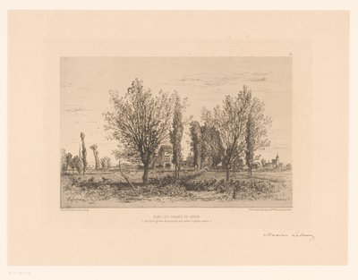 Landskab med eng og udsigt over en by Dans les champs de Cenon. (titel på objekt) af Maxime François Antoine Lalanne (signed by artist)