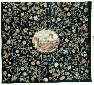 borddækning Dug med personificeringen af ​​Flora og et blomstermønster af Maximiliaan van der Gucht (possibly)