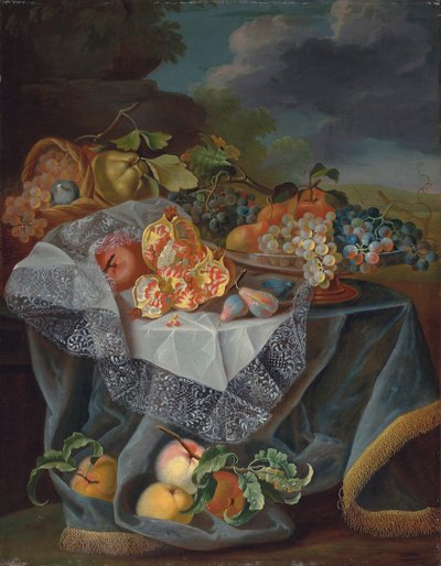 Druer, pærer og et æble på et glaskar, granatæbler og en vævet kurv med frugt på et draperet bord og et parklandskab bagved af Maximilian Pfeiler or Pfeiller