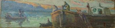 Flodlandskab med pram og både af Maximilien Luce