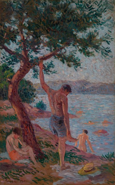 Saint-Tropez, badende under fyrreskoven af Maximilien Luce