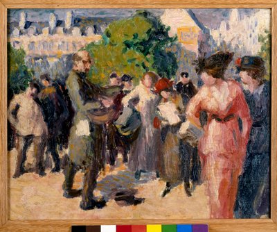 Gadebillede. En tigger med en drejelire spiller i en have i Paris. Maleri af Maximilien Luce (1858-1941). Olie på lærred. Privat samling af Maximilien Luce
