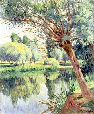 Præstegården og pilen ved flodbredden af Maximilien Luce
