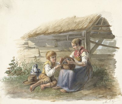 Pige og dreng med en kurv med unge fugle af Maximilienne Guyon
