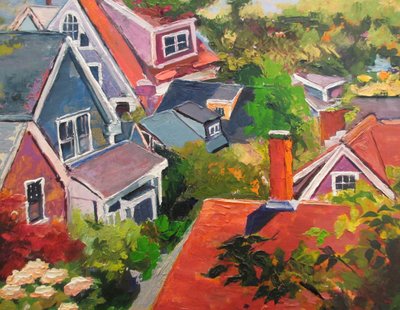 Farverige tagrygge i landsbyen af Maxine Shore