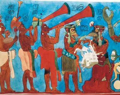 Gengivelse af Bonampak freskomalerier, detaljer med musikere fra Mexico, Chiapas, Bonampak (fresco) af Mayan