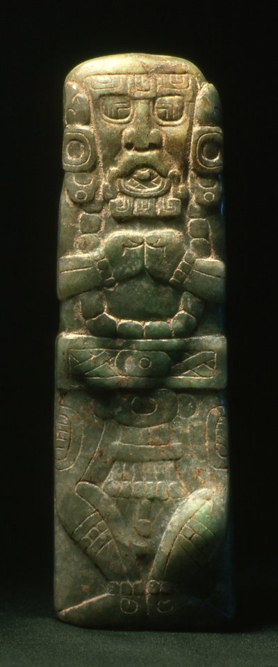 Statuette placeret i dedikation ned af Hieroglyphic Stairway, Copan, Late Classic Period (600-900) (jade) af Mayan