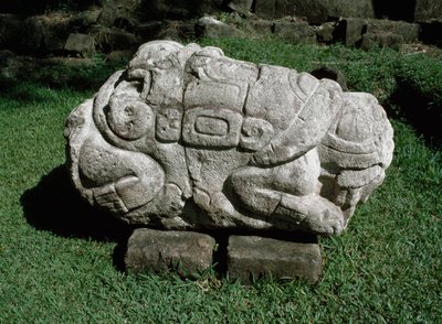 Zoomorfisk alter udskåret i en blok af gres af Mayan