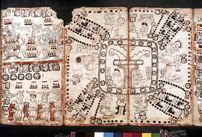 MAYA-CIVILISATIONEN: Codex Tro-Cortesiano, midten af det 15. århundrede (bark-grøntsagsfibre) af Mayan Mayan