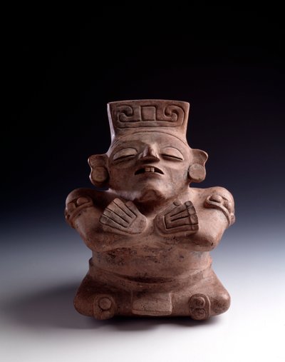 Præcolombiansk kunst, Maya-civilisation, klassisk periode: antropomorf lervase, der viser en siddende karakter, ben og arme krydser ansigtet vender opad. Fra La Lagunita, Quiche, Guatemala Sun. h. 25 x bredde 21,5 cm Guatemala, Museo Nazionale di Archeol af Mayan Mayan