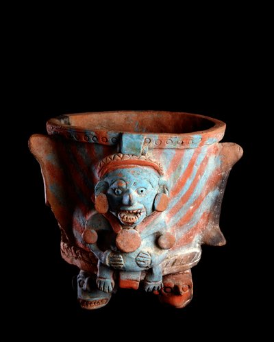 Præcolombiansk kunst, Maya-civilisation, postklassisk periode: stativvase med lerrøgelse dekoreret med et hoved. Fra Nebaj, Quiche, Guatemala Sun. h. 25 x bredde 23,8 cm Guatemala, Museo Nazionale di Archeologia e Etnologia - Præcolumbiansk kunst, Maya Civ af Mayan Mayan