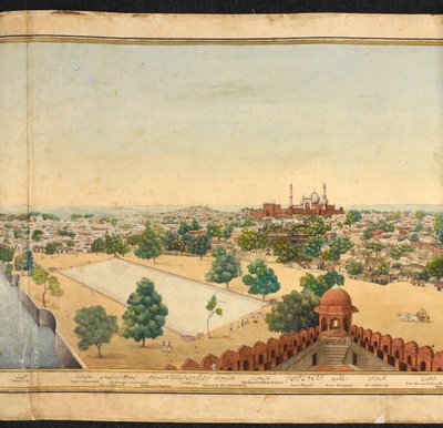 Udsnit af et panorama af Delhi, der viser Jama Masjid af Mazar or Mazhar Ali Khan