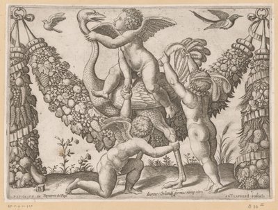 Tre putti og en struds Pavens gobeliner (serietitel) Tapezzerie de Papa (serietitel på objekt) af Meester van de Dobbelsteen