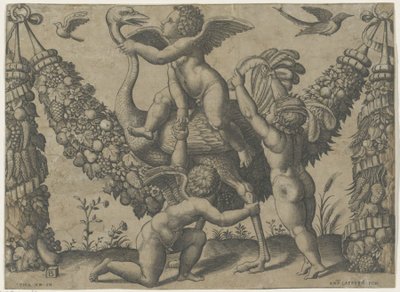 Tre putti med en struds Pavens gobeliner af Raphael (serietitel) af Meester van de Dobbelsteen