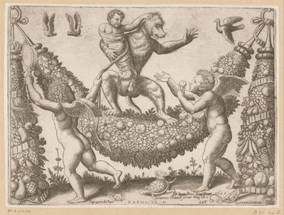 Putti håner en abe Pavens gobeliner (serietitel) Tapezzerie de Papa (serietitel på objekt) af Meester van de Dobbelsteen