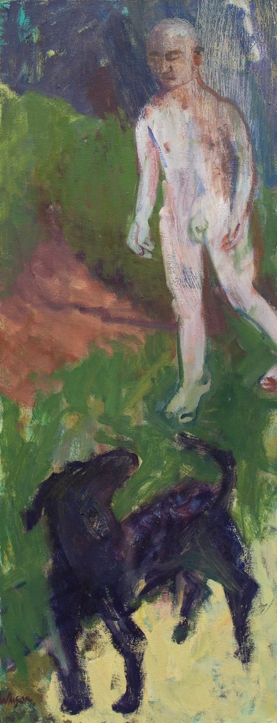 Hvid mand, der gik tur med en sort hund, 2016 (olie på lærred) af Megan Williamson