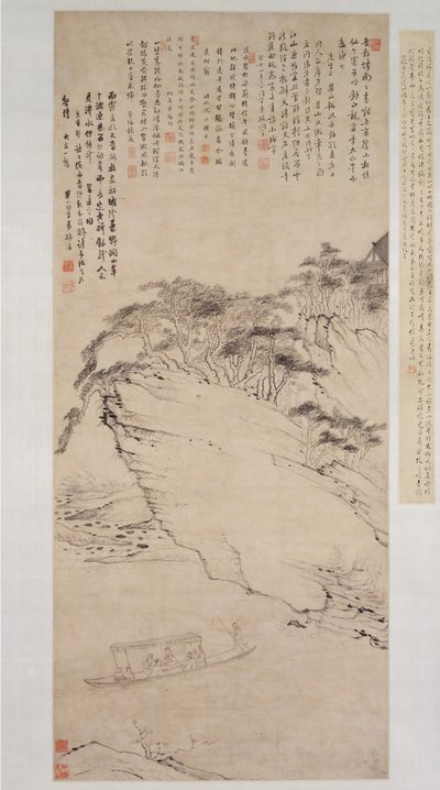 Sejlads på en flod under en klippe, dateret til 1673. af Mei Qing