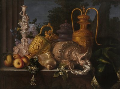 Stilleben, skaller og guldsmed. Maleri af Meiffren Conte (1630-1705). Olie på lærred. Mål: 91x121 cm. Obligatorisk omtale: Collection fondation regards de Provence, Marseille af Meiffren (c.1630 1705) Conte