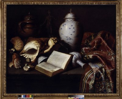 Kina vaser, skaller, antikke bronzer, bøger og tæpper (olie på lærred) af Meiffren (c.1630 1705) Conte