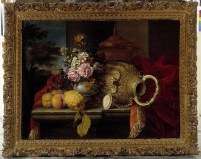 Stilleben med buket, frugt, vase og rødt stof (olie på lærred) af Meiffren (c.1630 1705) Conte