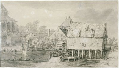 Den såkaldte Bergkerk og vandmøllen i Deventer (Lugt 43) af Meindert Hobbema