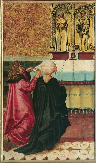 En mand anbefaler sin kone til St. Cosmas og Damian af Meister der Legendenszenen