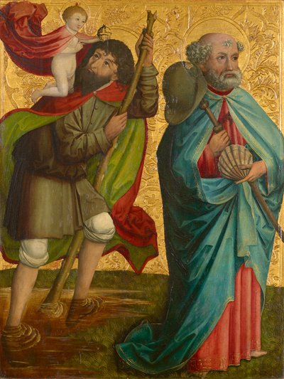 Venstre fløj af den såkaldte Pretschlaipfer triptykon: St. Christophorus og Jakobus Major (indvendig); Bebudelse til Mary (udenfor) af Meister von Großgmain (Werkstatt)