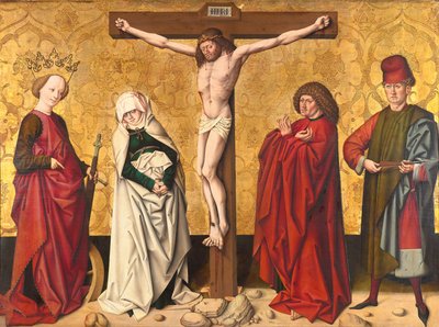 Kristus på korset mellem St. Mary og John, Catherine og Sebastian af Meister von Großgmain