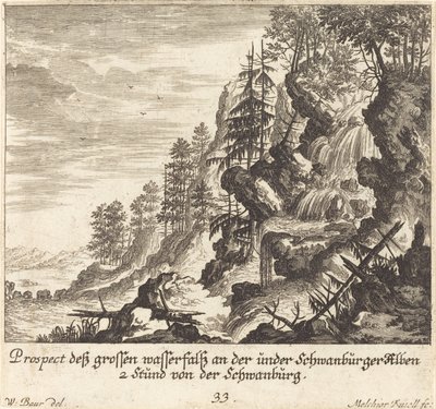 Stort vandfald, Schwanburg af Melchior Küsel after Johann Wilhelm Baur