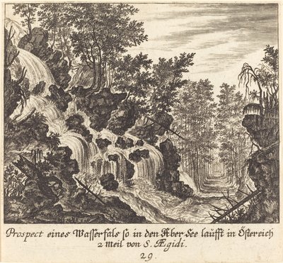 Udsigt over et vandfald, Østrig af Melchior Küsel after Johann Wilhelm Baur