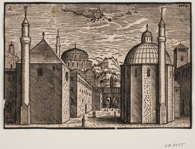 3 moskéer, hver med 1 minaret; i himlen en flyvende drage med lang hale af Melchior Lorck