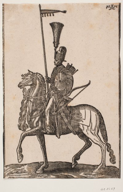 Bereden soldat, profil mod v.; lanse med vimpel, bue ved siden, cirkulært skjold, pilekogger; hovedbeklædning med fjerbusk af Melchior Lorck