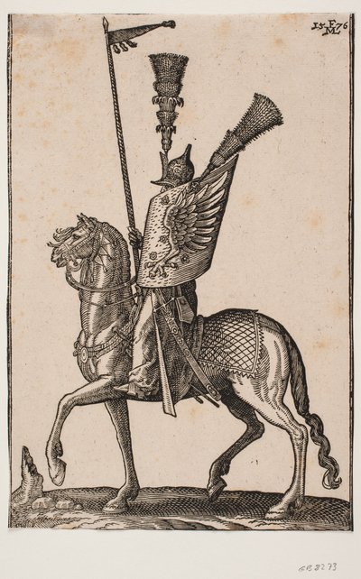 Bereden soldat, profil mod v.; lanse med vimpel, metalhjelm med meget høj fjerbusk, sjold med ørnevinge og en yderligere høj fjerbusk af Melchior Lorck