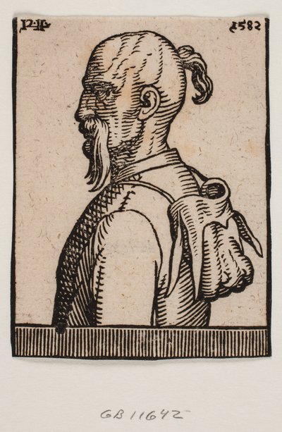 Buste af en mand med et hængende overskæg, en hestehale hængende ned fra hovedet og hat hængende ophængt i en snor, der er viklet om halsen, venstre side af mandens ansigt ses i profil af Melchior Lorck