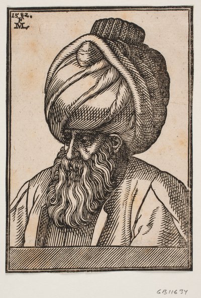 Buste af fuldskægget mand iført turban, 3/4 profil mod venstre af Melchior Lorck