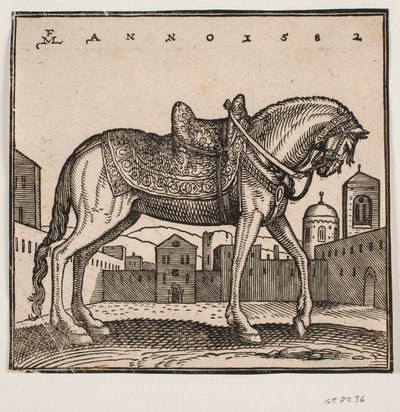 Elegant opsadlet hest, profil mod højre, på en rektangulær plads af Melchior Lorck
