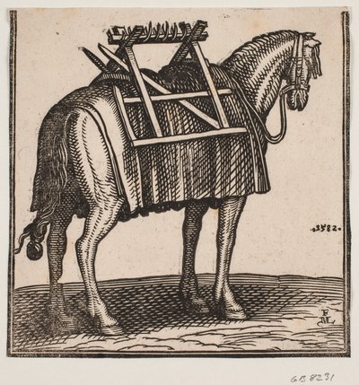 En endnu ubelæsset pakhest med bærestativ på ryggen, set skråt bagfra mod h. af Melchior Lorck