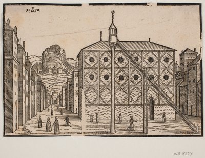 Gade, i forgrunden moské og fritstående minaret af Melchior Lorck