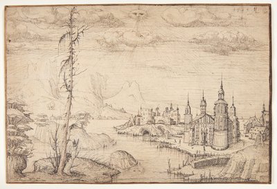 Landskab med en by af Melchior Lorck