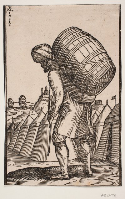 Mand, der bærer en tønde på ryggen, i en teltlejr af Melchior Lorck
