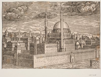 Moske, med to minareter, set fra nordvest; på den anden side af vandet kan Galata ses? I nederste højre hjørne er der en kubisk formet sten, hvorpå der er ætset en firkantet geometrisk figur, en figur, der formentlig viser af Melchior Lorck