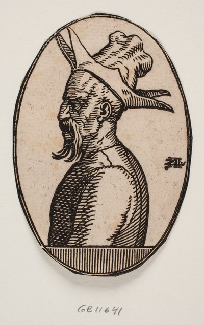 Oval medaljon med buste af en mand med et hængende overskæg og en hat med fire flapper; venstre side af mandens ansigt ses i profil af Melchior Lorck