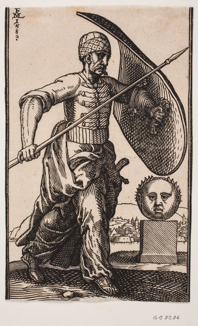Soldat gående mod h.; på v. arm et krumt skjold, i h. hånd en lanse; t.h. en sokkel med et kuglerundt, frontalt set hoved; i det fjerne bag hovedet en by ved vandet af Melchior Lorck