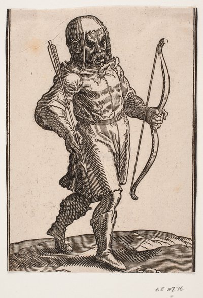 Soldat, gående mod h.; støvler og knækort dragt; i v. hånd en bue, i h. hånd en pil af Melchior Lorck