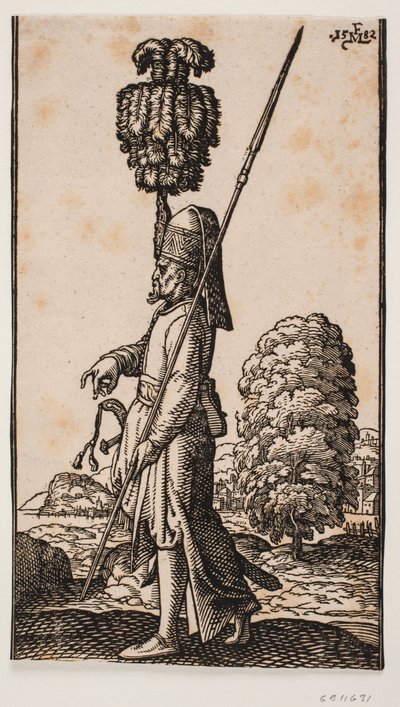 Soldat med et spyd og et sværd, set i profil mod venstre, stående i et kystlandskab; bag ham et stort træ; hans hovedbeklædning er prydet med en kolossal fane af Melchior Lorck